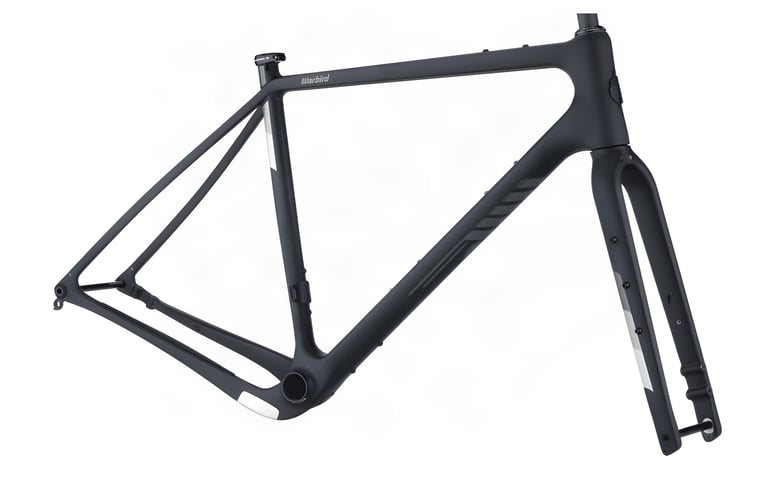 Salsa Warbird carbon frameset in matte black with fork, side view, on a white background.