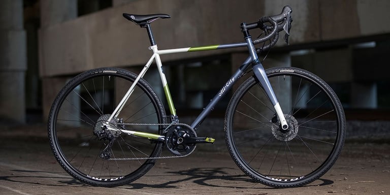 2020 All-City Cosmic Stallion GRX in grey, cream and olive chevron paint with Shimano GRX cranks and WTB wheels.
