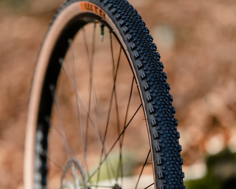 Side view of a 700c WTB Raddler semi-slick gravel tyre with small centre knobs and tan sidewall on a wheel.