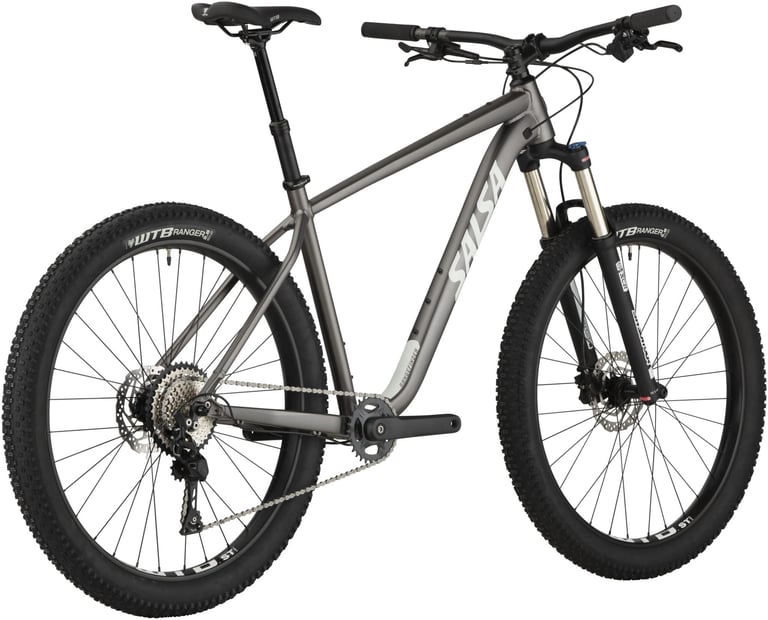 Salsa Rangefinder Deore 27.5+ hardtail in grey with plus-size WTB Ranger tyres and a dropper post, three-quarter view.