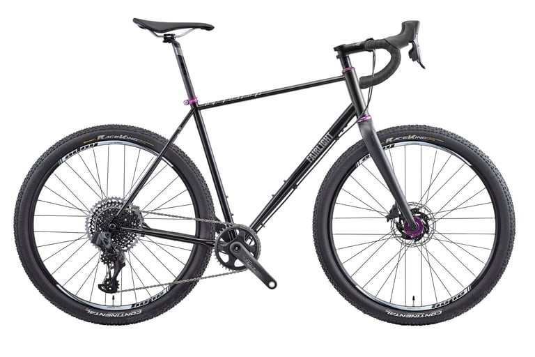 Fairlight Secan in the new black finish with SRAM Force 1x and Continental Race King tyres, side view.