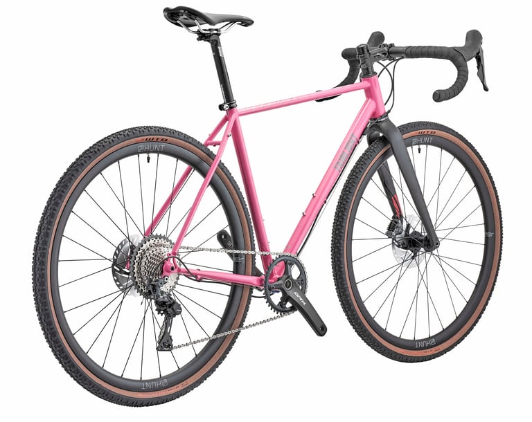 One-off pink Fairlight Secan with Shimano GRX 800 1x and Hunt wheels, rear three-quarter view.