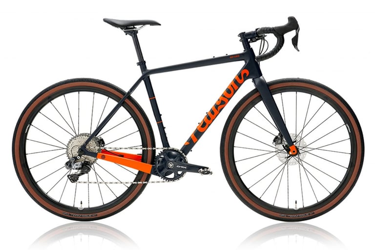 Pearson Off Grid gravel bike in navy blue with orange graphics and a Shimano GRX groupset, side view on white.