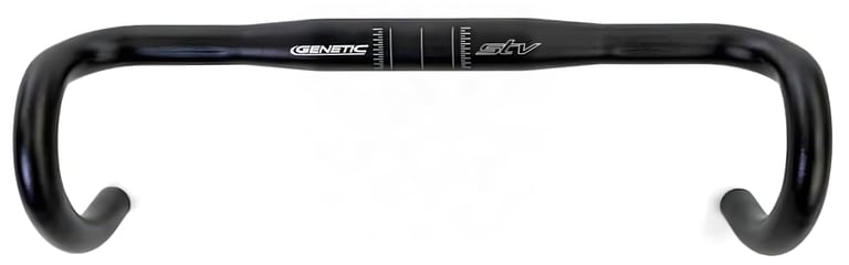 Genetic STV road handlebar in black, front view, with a flat transition from tops to lever hoods.