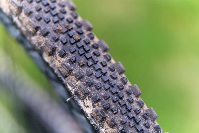 Close-up of the black WTB Raddler 700 x 44's tightly packed centre knobs and chunky side lugs, dusted with dried mud.
