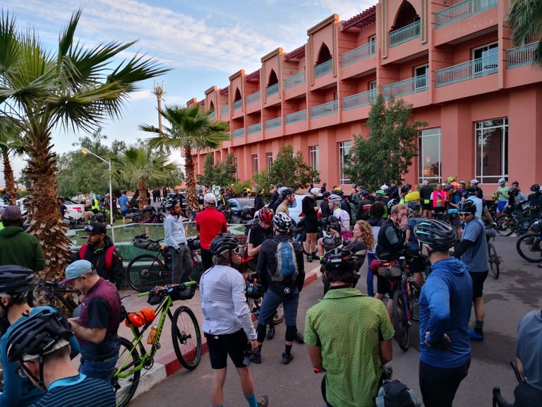 Atlas Mountain Race riders and bikes gather outside the hotel in Marrakech just before the neutralised start.