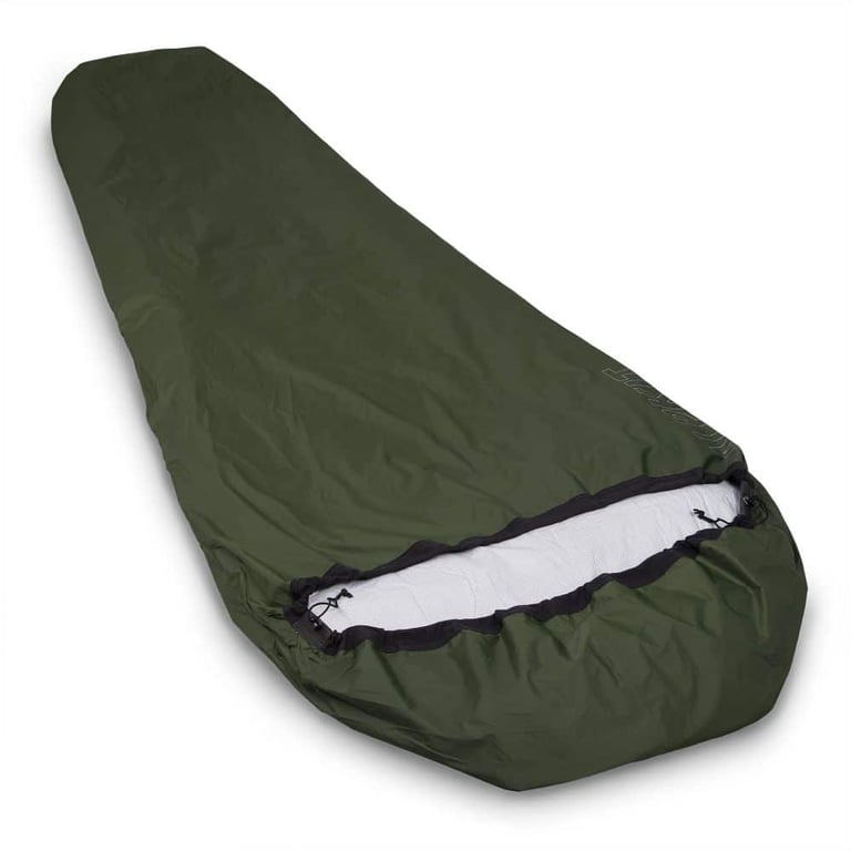 ALPKIT Hunka XL bivi bag in olive green, with the drawstring hood cinched part open, on a white background.