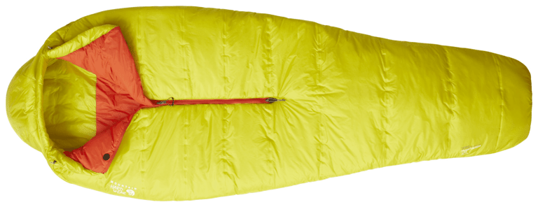 Mountain Hardwear HyperLamina Spark sleeping bag in yellow with an orange lining and front zip.