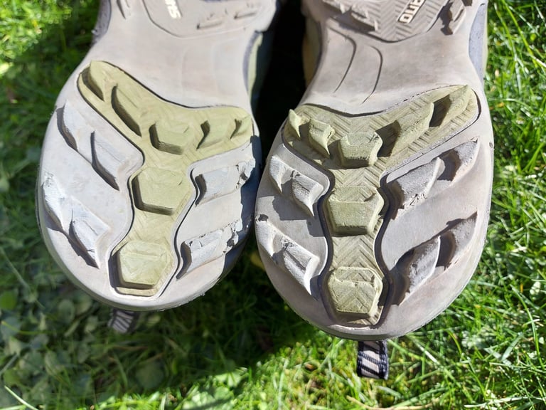 Heel tread on the soles of the Shimano MT-7 after 750 miles, far less worn than the forefoot with only a few chipped lugs.