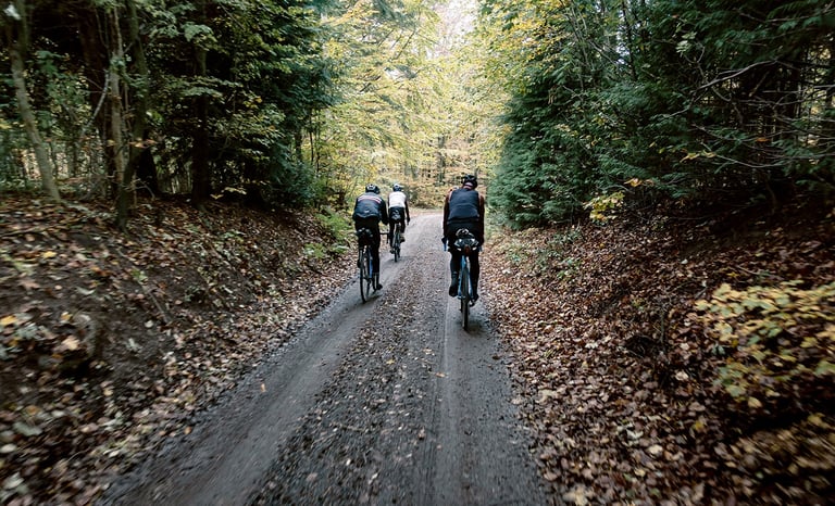 Three riders on gravel bikes follow a leaf-strewn forest track in autumn light on the Skåne500 tour.