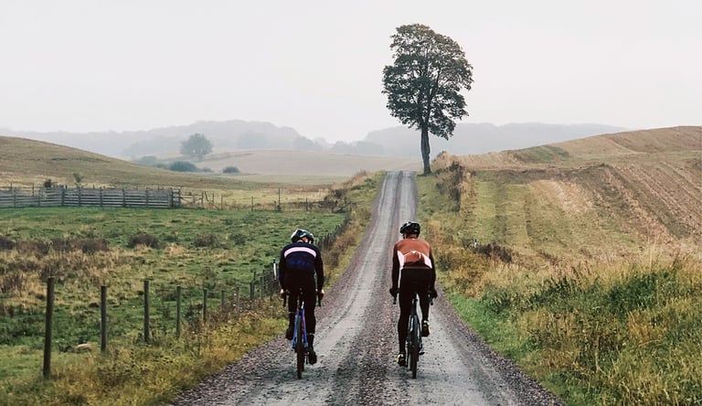 Two cyclists ride away along a gravel back road between fields and fences in Skåne, Sweden.