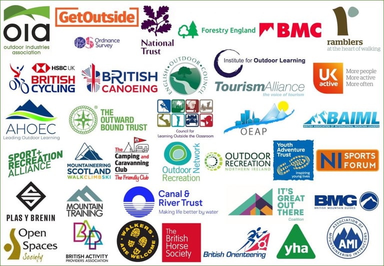 Logos of the 35 organisations behind the #staylocal statement, including British Cycling, National Trust, BMC and Ramblers.