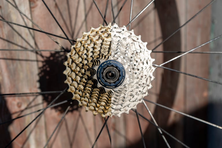 Shimano Ultegra cassette split down the middle, one half grimy and the other clean after Jet Blast degreaser.