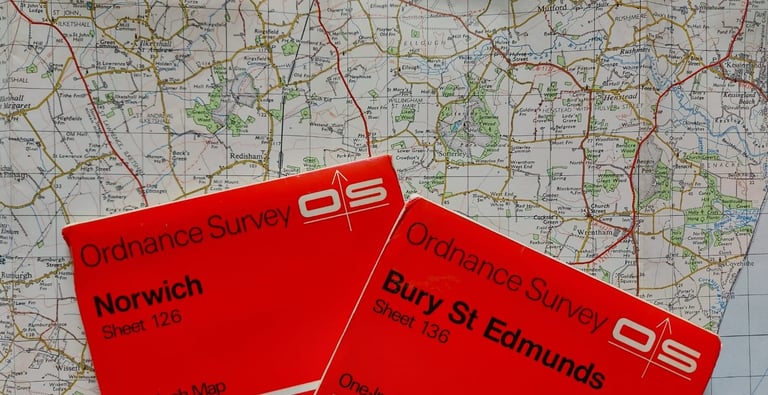 Ordnance Survey Norwich and Bury St Edmunds map covers over an open map, for planning local lockdown rides.