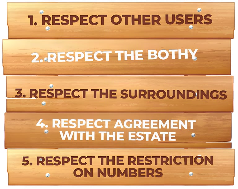 Bothy code on wooden signs: respect other users, the bothy, the surroundings, the estate and limits on numbers.