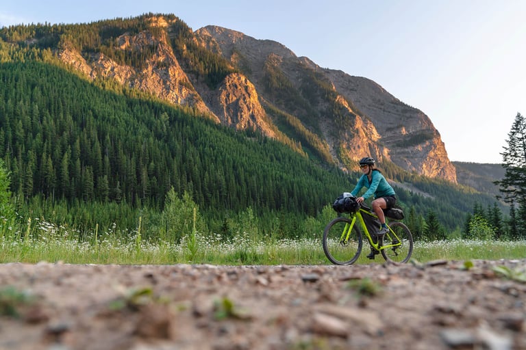 Rider on a lime green bikepacking bike on a gravel track past wildflowers below forested Rocky Mountain cliffs.