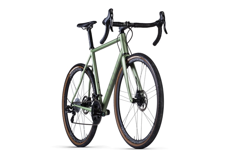 Repete Cycles Verne in sage green with Campagnolo Chorus groupset, front three-quarter view on white.