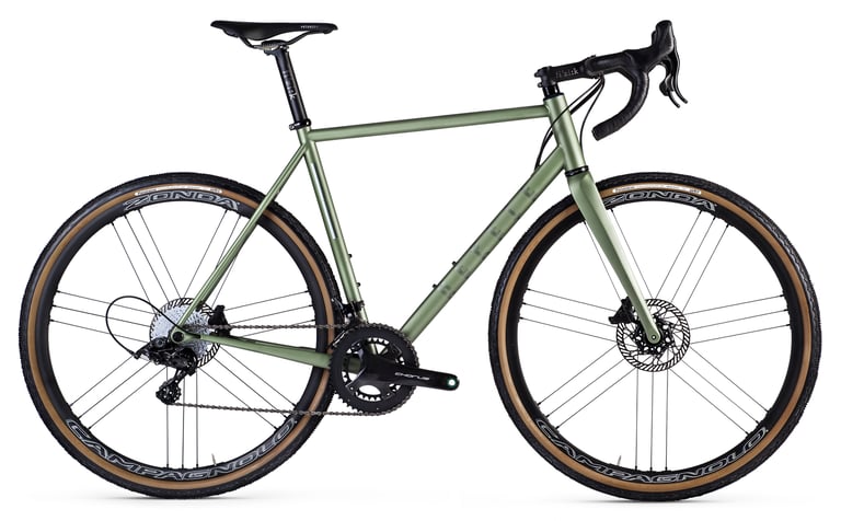 Repete Cycles Verne gravel bike in green, side profile with Campagnolo Chorus and tan-wall tyres.