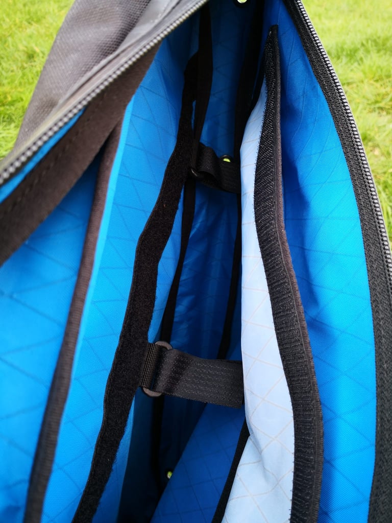 Straight Cut Design frame bag opened out as one large compartment, with Velcro straps holding the centre in.