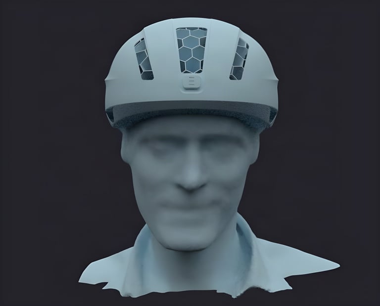 3D scan of a head with a virtual HEXR helmet fitted, the first step in ordering the custom-fit helmet.
