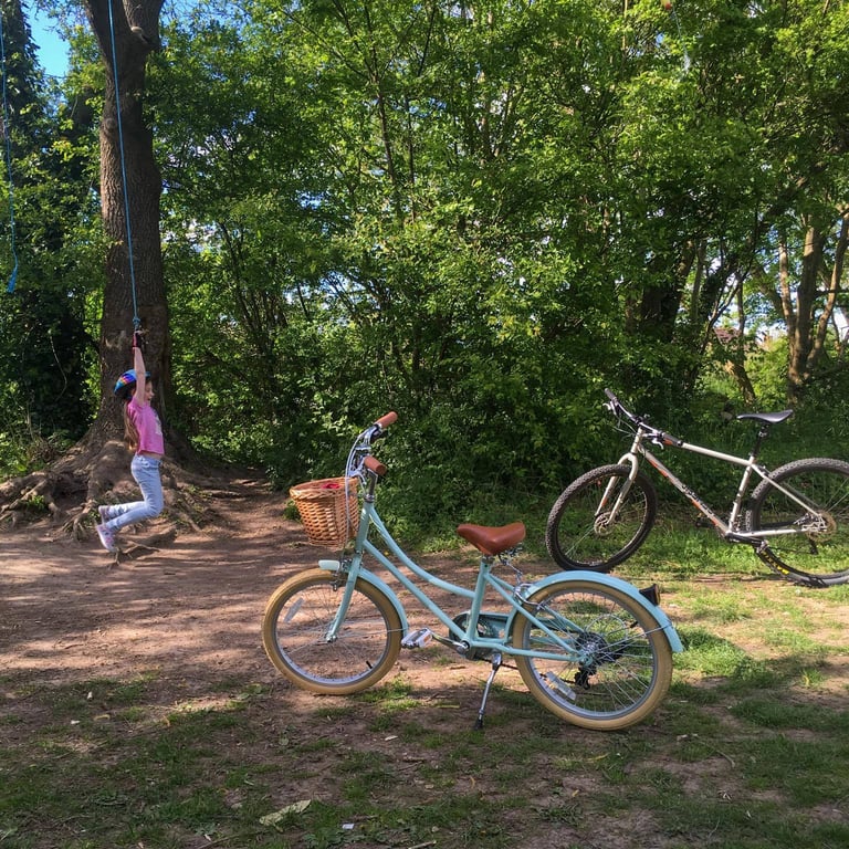 Child swings from a rope on a tree beside a pale blue child's bike and a mountain bike on a woodland track.