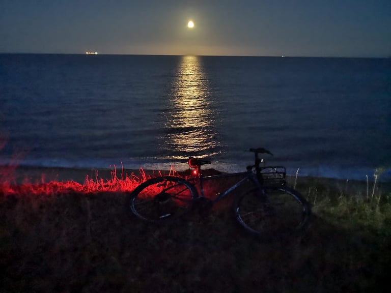 Bike with a red rear light parked on a grassy clifftop under a full moon reflecting on the sea during a night ride.