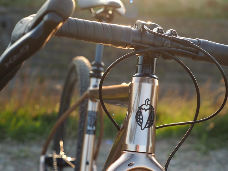 Close-up of the Salsa Stormchaser head tube, bars and a Shimano GRX lever in low sunset light.