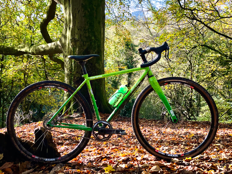 Green splatter-paint All City Nature Boy Team Edition leaning on a tree among autumn leaves in woodland.