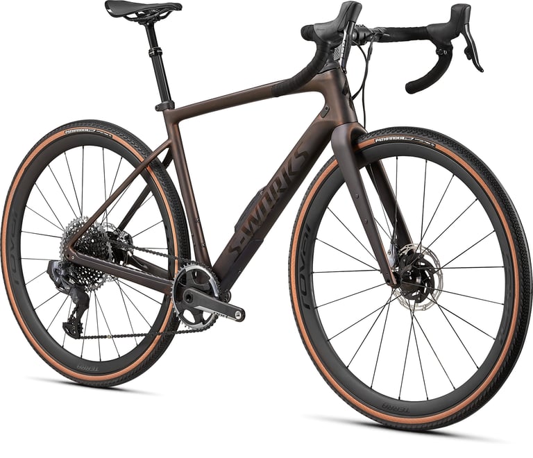 Specialized Diverge S-Works in bronze-brown carbon with SRAM 1x drivetrain and Roval Terra carbon wheels.