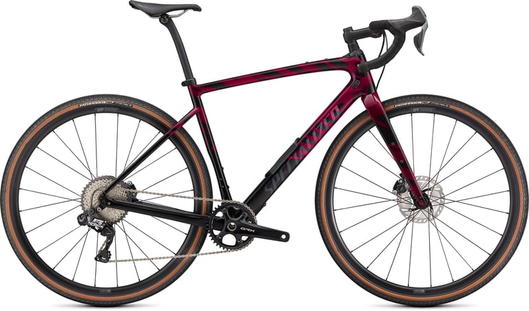 Specialized Diverge Expert Carbon in raspberry and black with Shimano GRX and DT Swiss G540 wheels.