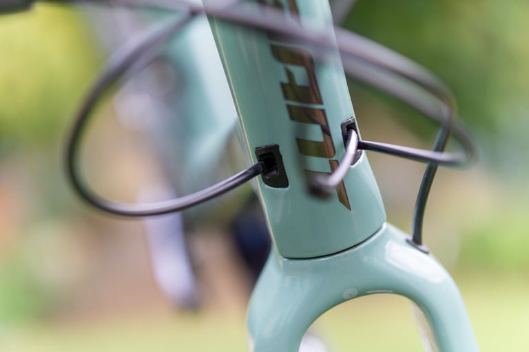 Internal cable routing entering the Giant Revolt Advanced head tube through two black ports.
