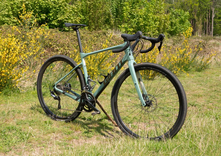 Giant Revolt Advanced 0 in teal on grass in sunshine, front three-quarter view, with yellow flowering bushes behind.