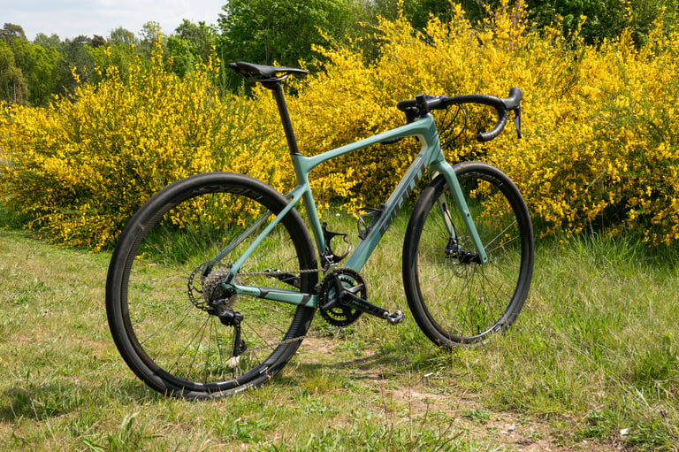 Giant Revolt Advanced 0 in gloss teal, rear three-quarter view, in front of yellow flowering shrubs.