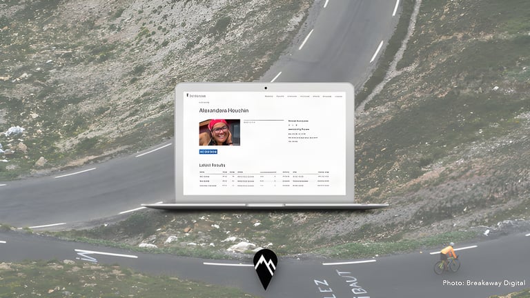 DotWatcher rider profile page on a laptop, showing a profile photo, biography and a table of race results.