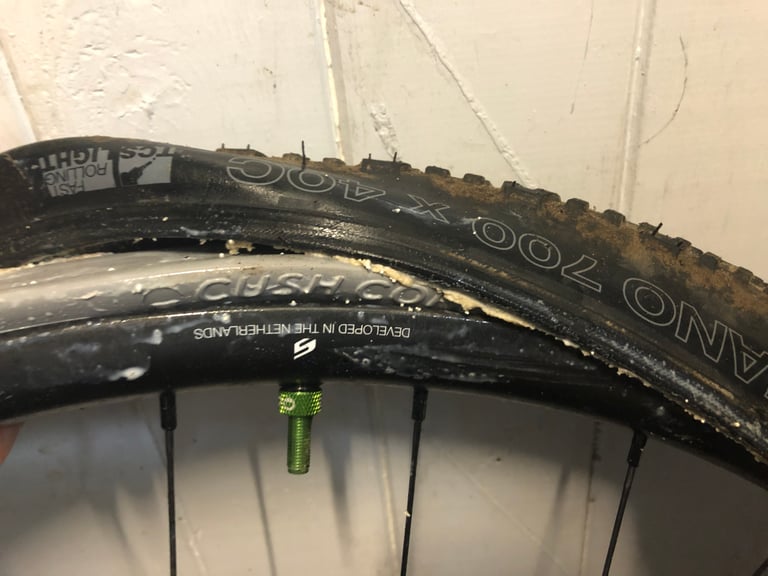 WTB Nano 700x40 tyre pulled off the rim bead, exposing the CushCore insert and dried sealant.