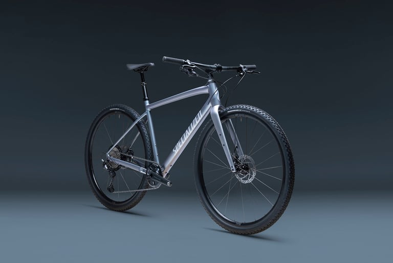 Specialized Diverge EVO flat-bar gravel bike in silver with a dropper post and knobbly Rhombus Pro tyres, studio shot.