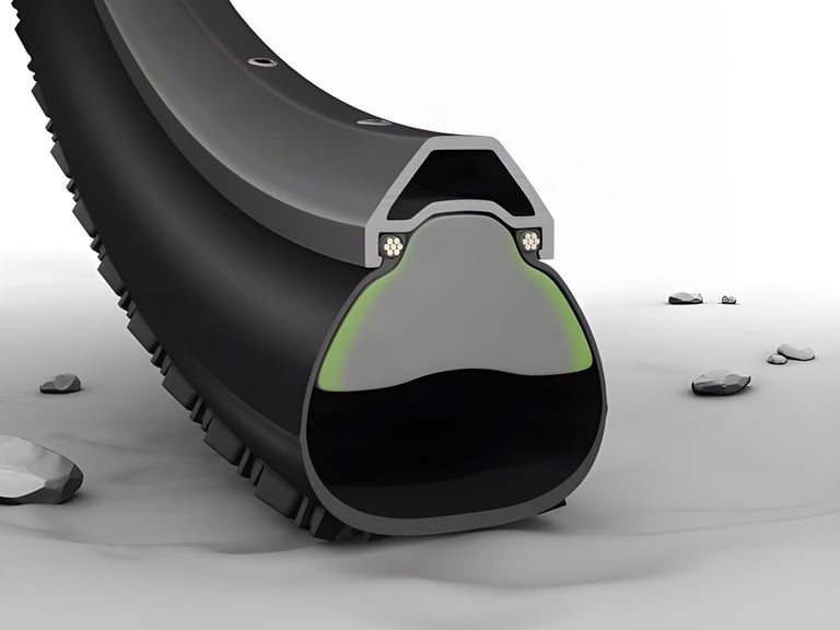 Cutaway of a CushCore insert inside a tubeless tyre on a rim, showing the grey foam with a green edge.