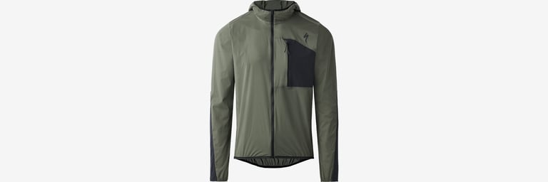 Specialized Deflect jacket in olive green with a black chest pocket and hood, front view.