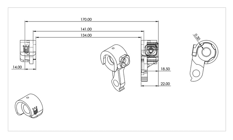 Technical drawing of the Fearless 12mm thru-axle dropout and gear hanger, with dimensions in millimetres.