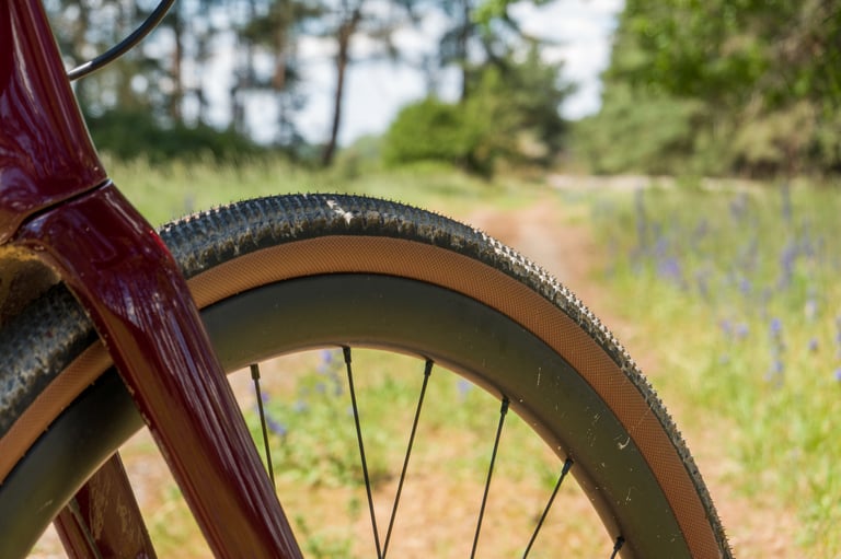 Tanwall Hutchinson Touareg 700x40 on a maroon gravel bike's front wheel beside a flower-lined trail.
