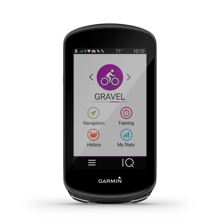 Garmin Edge 1030 Plus home screen with the Gravel activity profile selected and menu icons below.