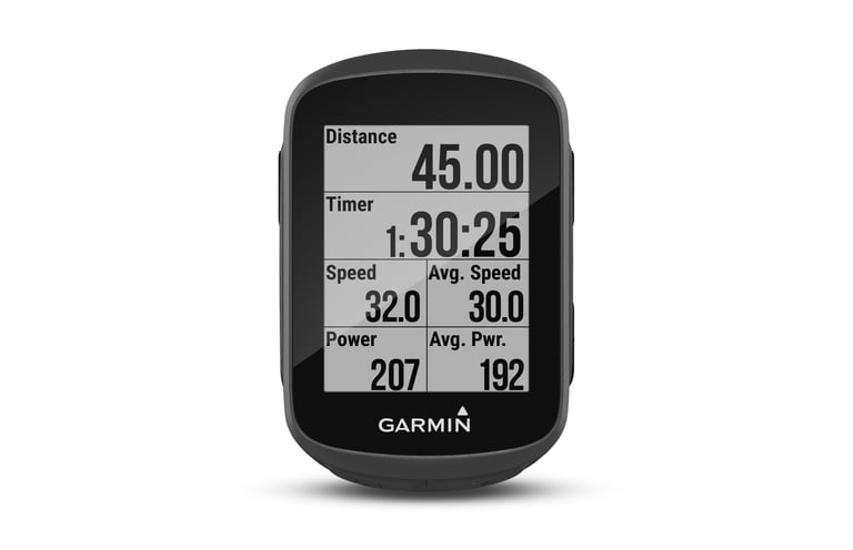 Garmin Edge 130 Plus GPS cycling computer showing distance, timer, speed and power data fields, front view.