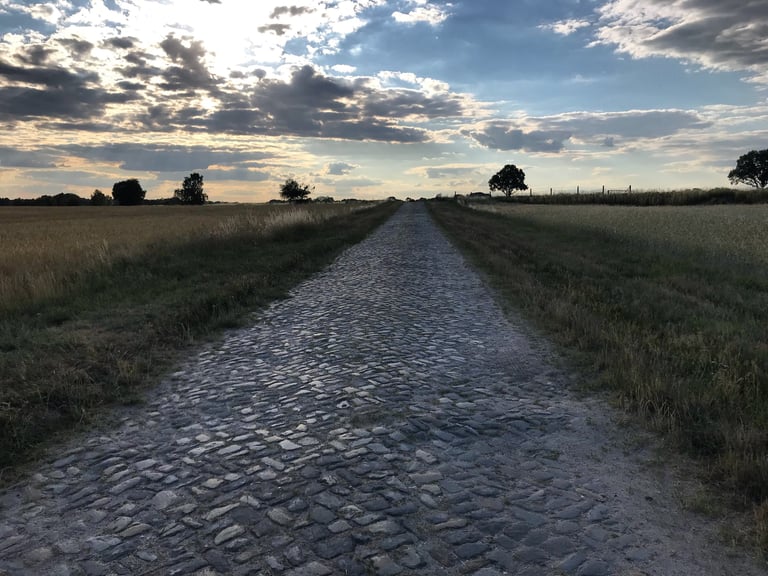 Kopfsteinpflaster cobbled track running straight between fields under an evening sky on the Grenzsteintrophy route.