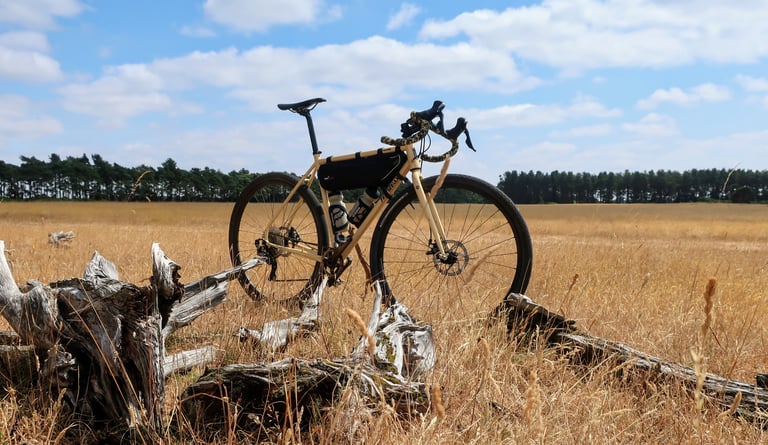 Rider on a dirty Fearless Vulture gravel bike passes a paddock fence on a gravel lane.