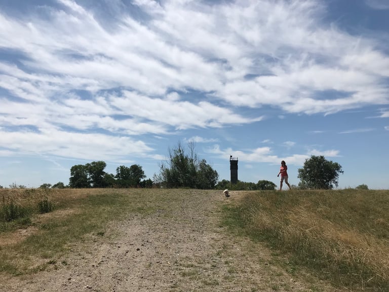 Woman walking a small dog on a flood defence near Boizenburg, a former DDR watchtower behind her.