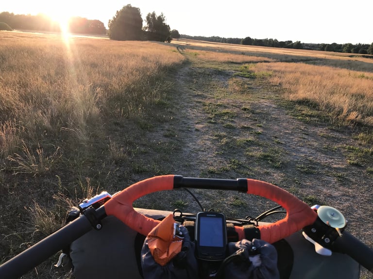 View over orange bar tape and a Garmin towards a grassy track in low evening sun on the Grenzsteintrophy.