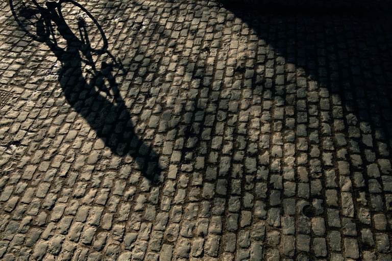 Long shadow of a cyclist and bike falling across Flanders cobblestones in low winter sun.