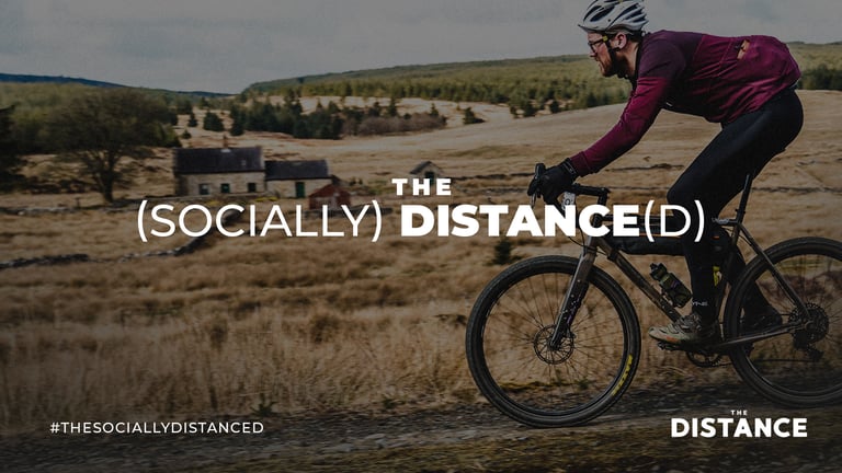 Banner for The (Socially) Distanced virtual ride, with a gravel rider on a moorland track.