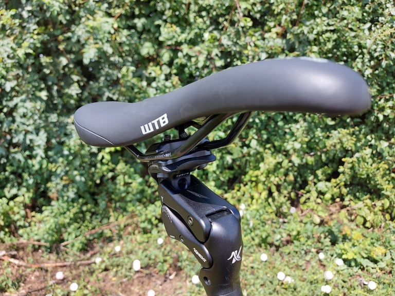 Cirrus Cycles Kinekt suspension seatpost seen from the side, its angled housing sitting under a WTB saddle.
