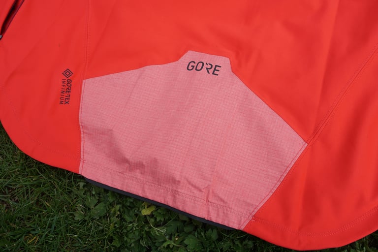 Low-key GORE logo and GORE-TEX INFINIUM label beside the pale waterproof panel on the jacket's lower back.